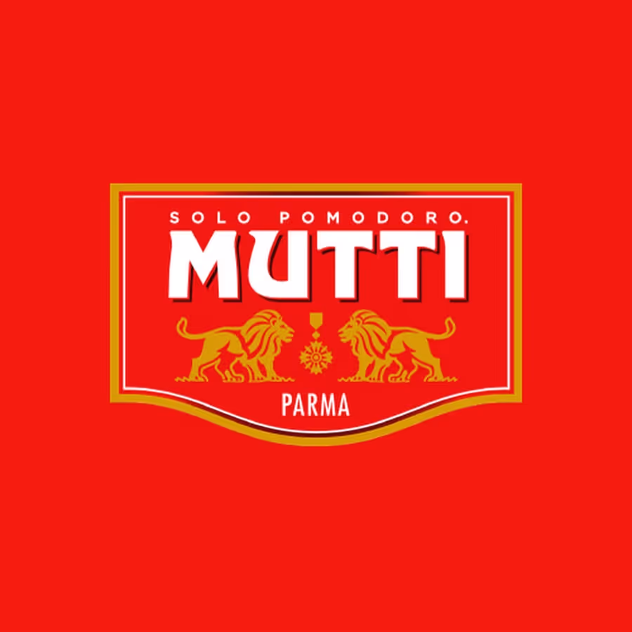 Logo MUTTI avec deux lions dorés se faisant face sur fond rouge, texte 'Solo Pomodoro' et 'Parma'.
