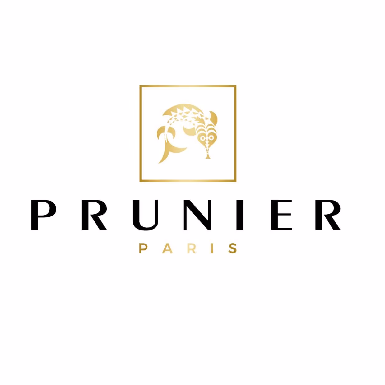 Logo Prunier Paris avec un poisson doré stylisé dans un carré doré au-dessus du texte.