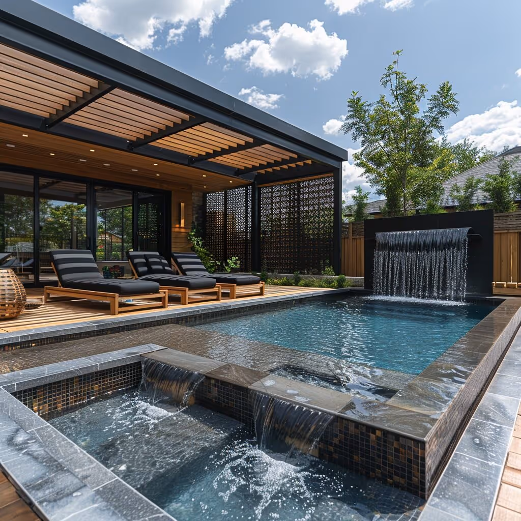 Wooden pergola in backyard garden