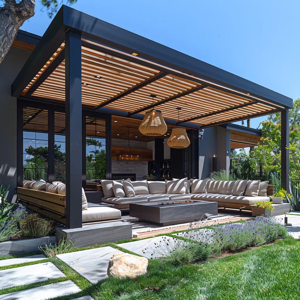 Pergola with climbing vines and greenery