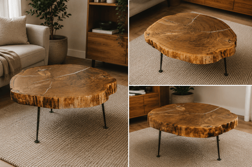 Couchtisch aus massiver Eichen-Baumscheibe mit Epoxidharz