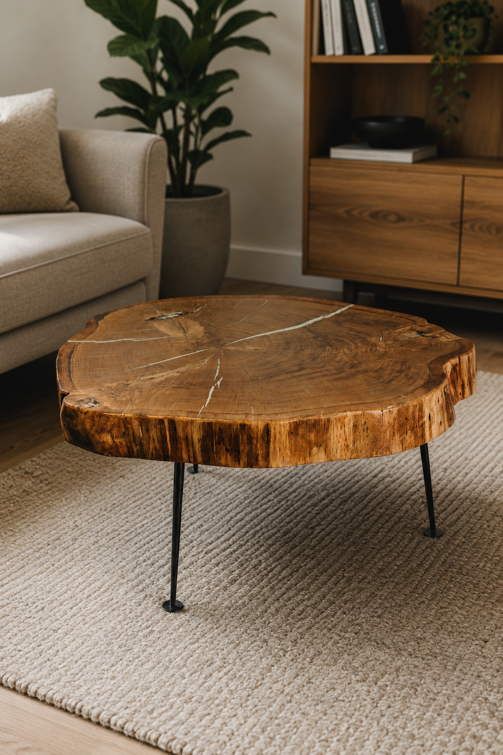 Couchtisch aus massiver Eichen-Baumscheibe mit Epoxidharz