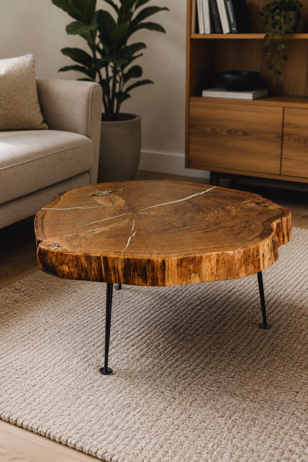 Couchtisch aus massiver Eichen-Baumscheibe mit Epoxidharz