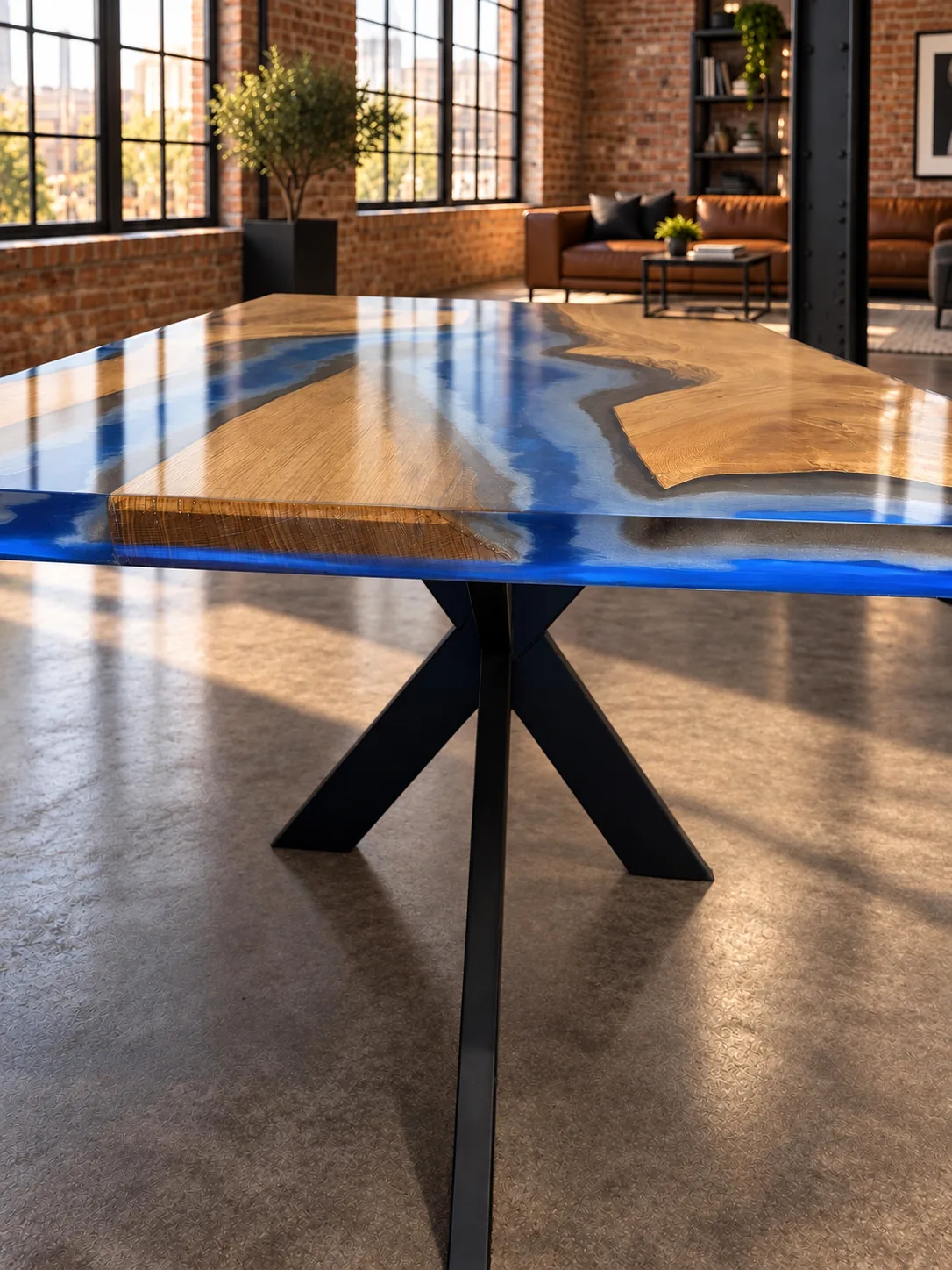 River Table aus rustikaler Eiche mit blauem Epoxidharz