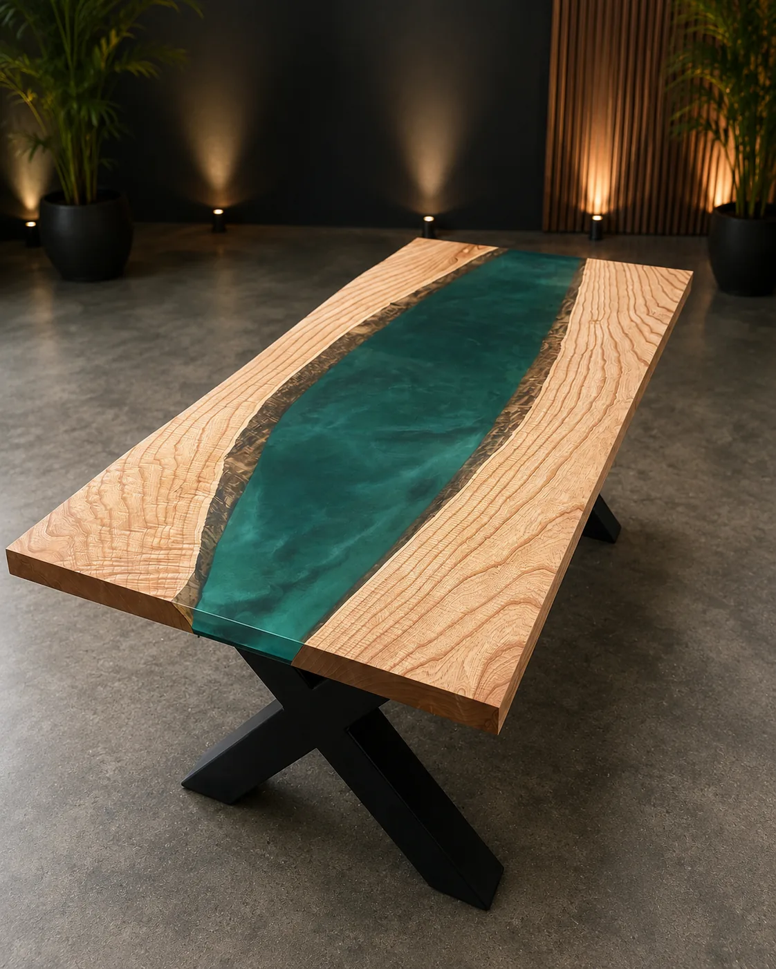 River Table Esche mit smaragdgrünem Epoxidharz