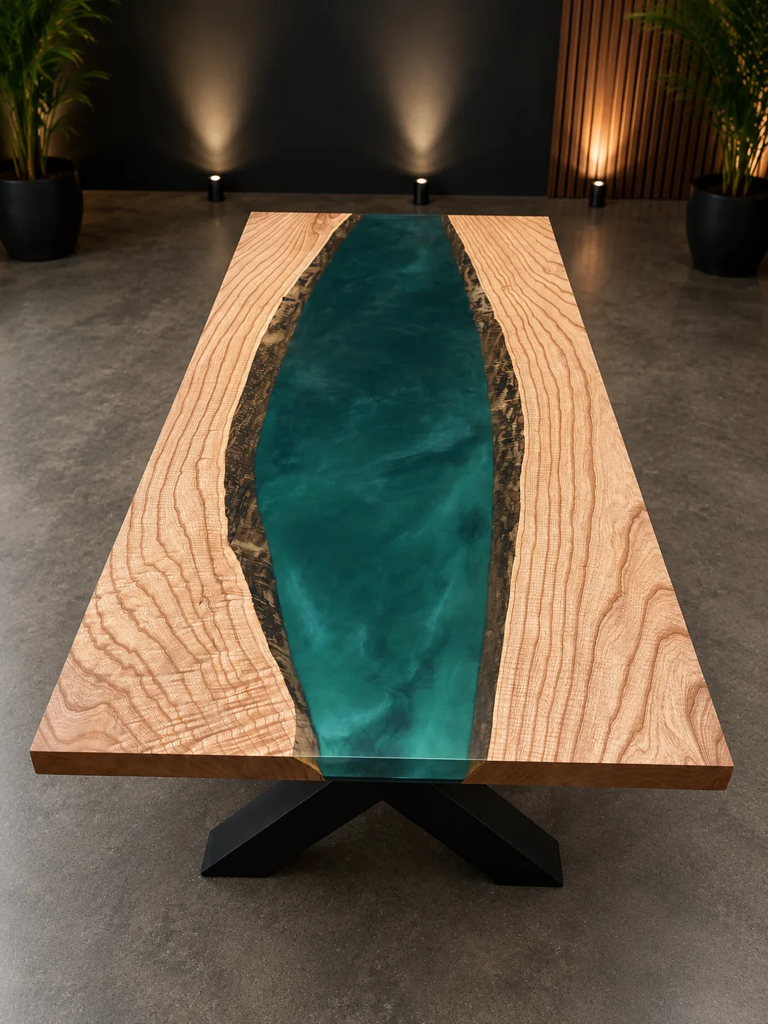 River Table aus Esche mit smaragdgrünem Epoxidharz