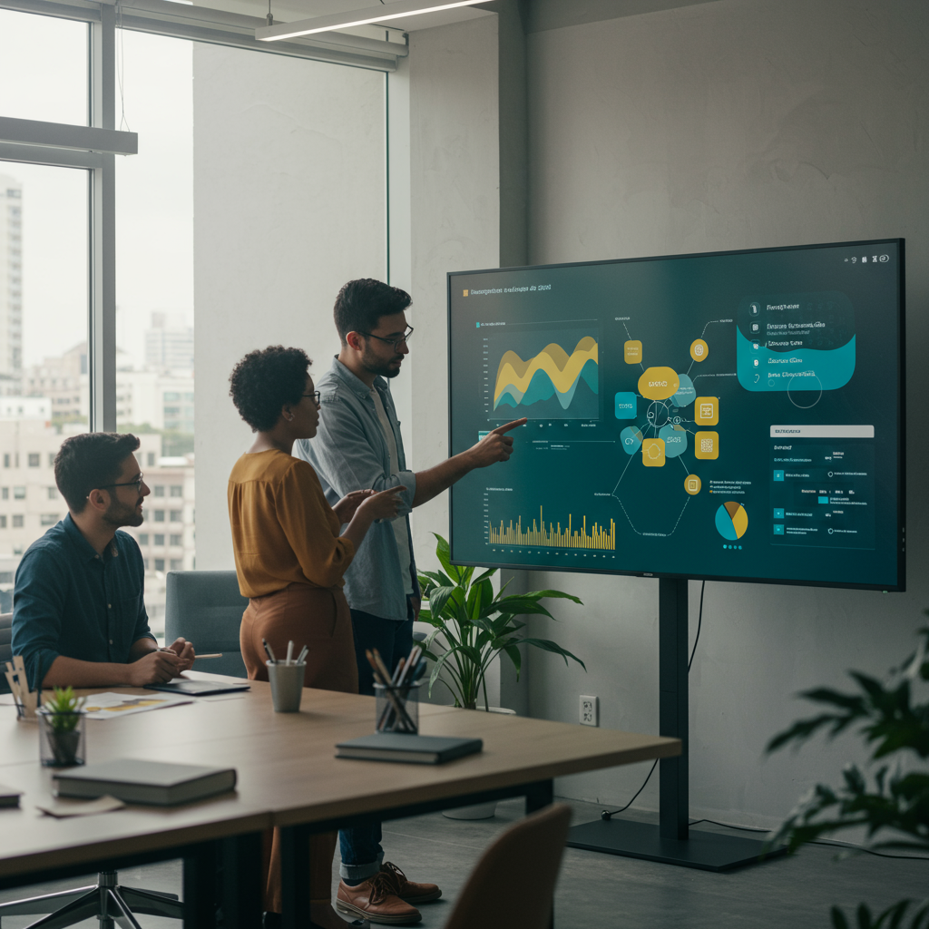Profissionais criativos colaborando em estratégia de conteúdos com gráficos digitais em tons de azul e amarelo. Inovação e tendências.