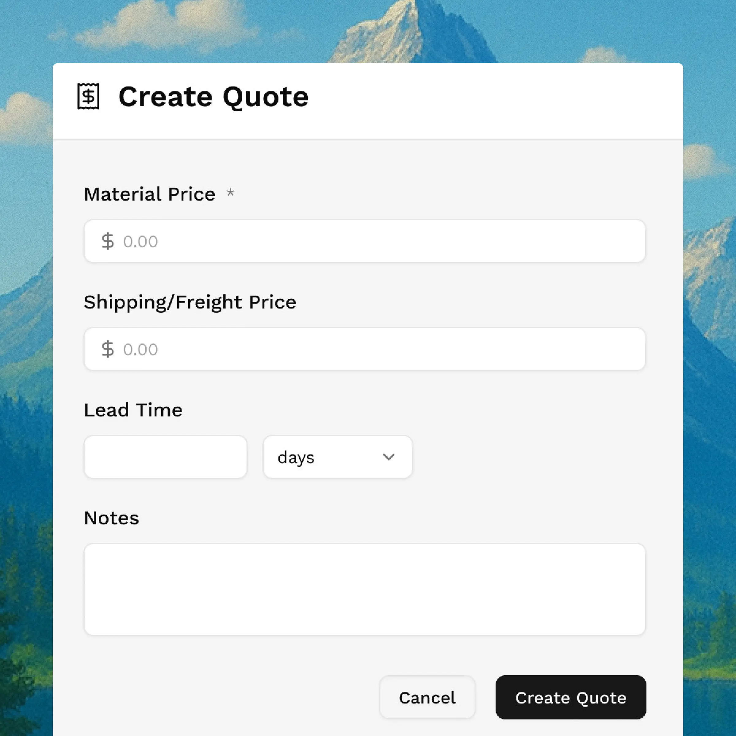 A screen with a create quote button.