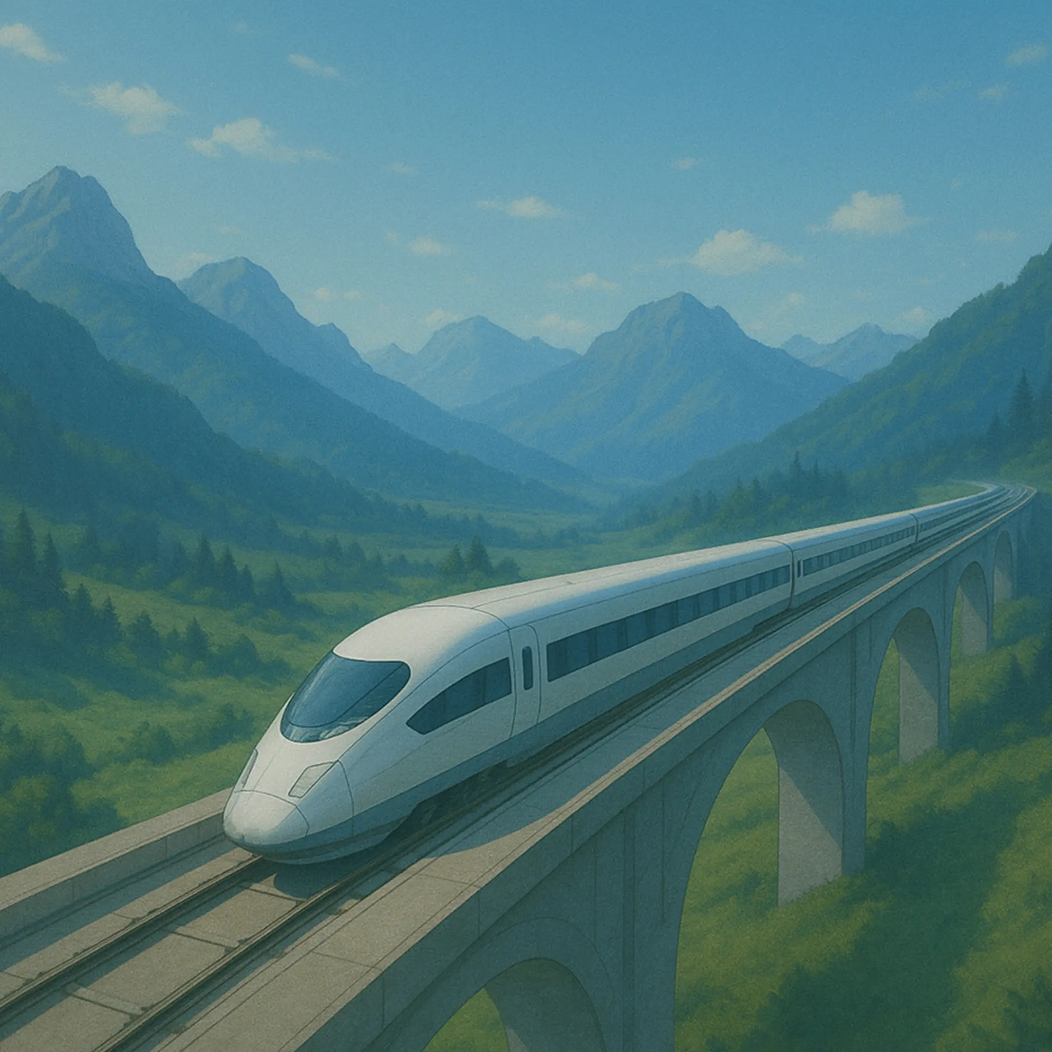 a train on a bridge over a mountain range