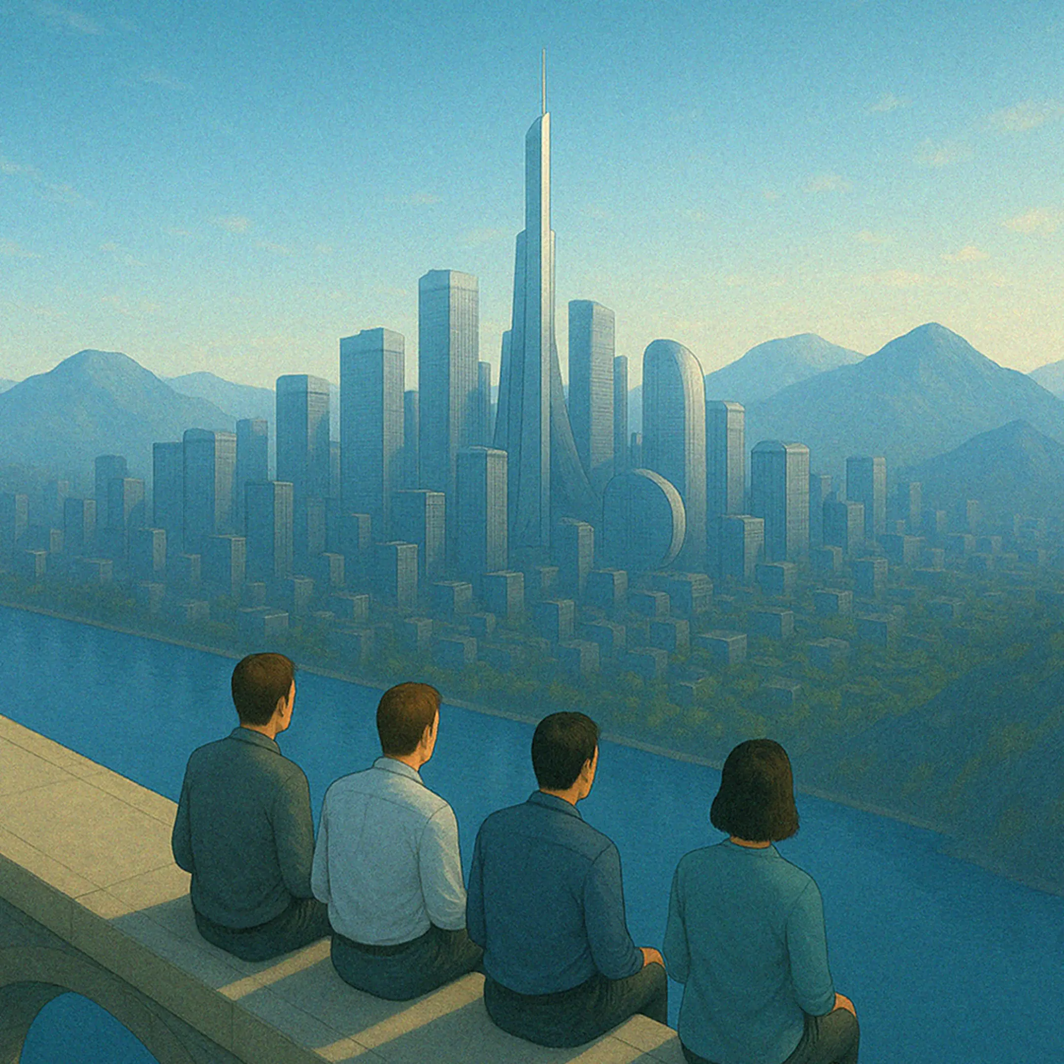 a group of people sitting on a bridge looking at a city