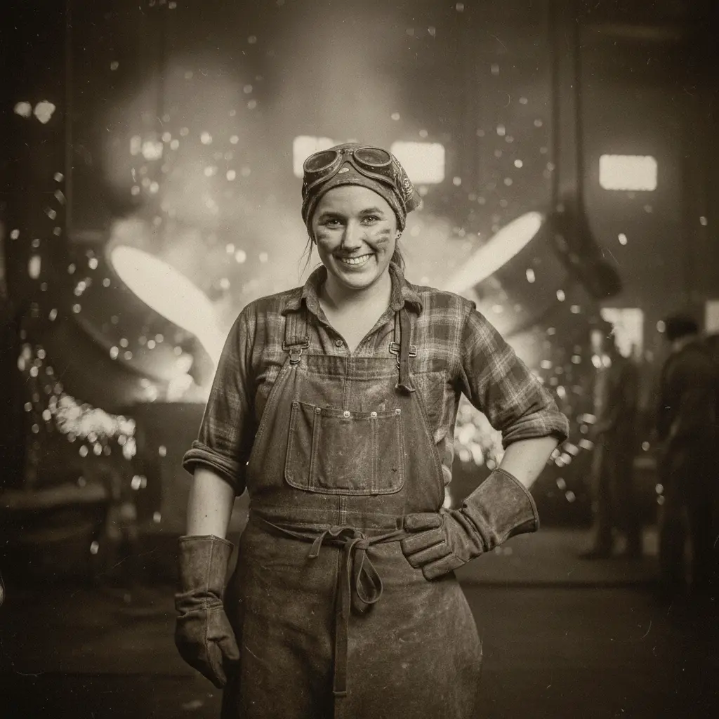 a woman in overalls and goggles standing in front of sparks