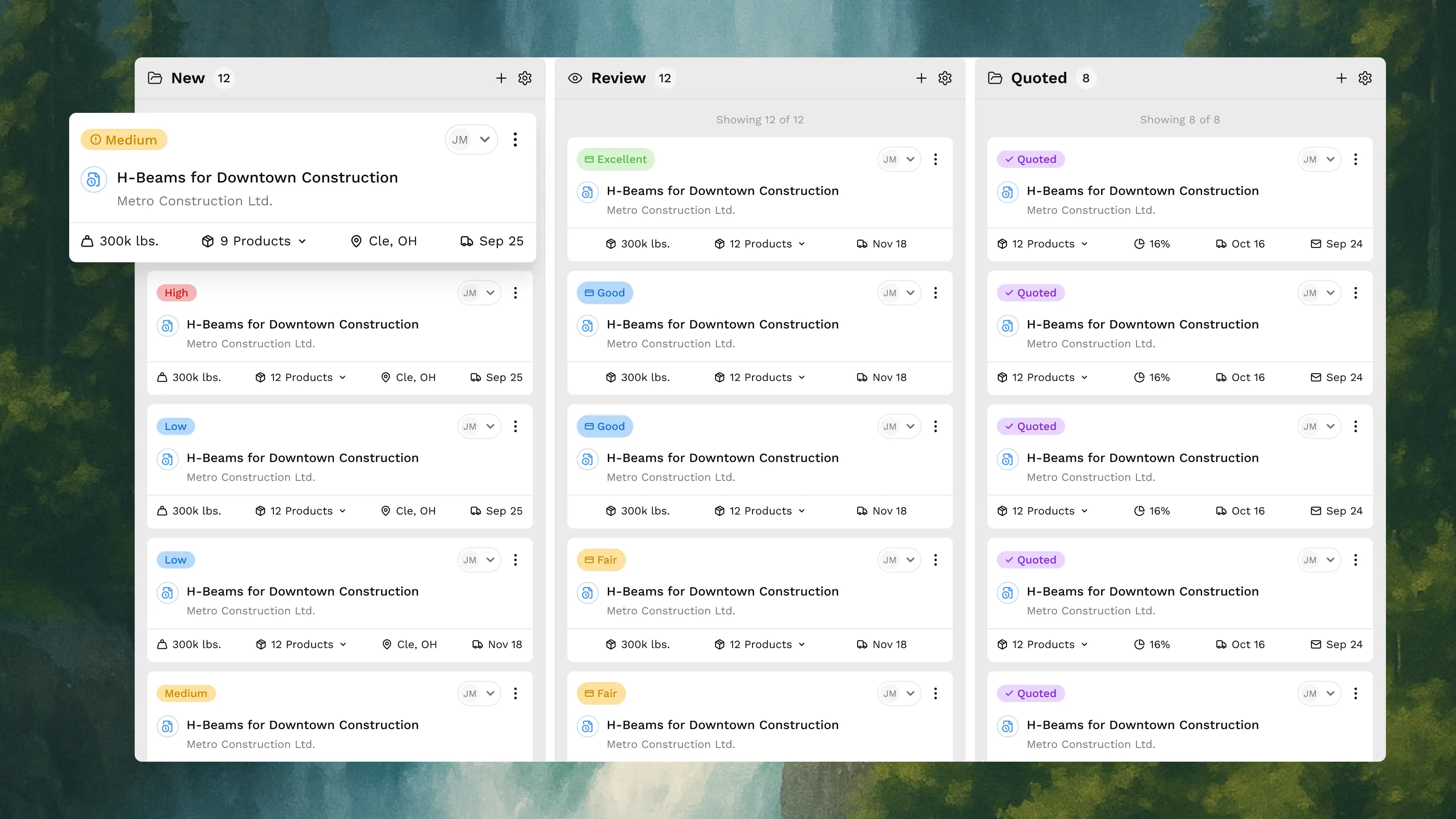 A project management dashboard showing task cards categorized as New, Review, and Quoted for H-Beams construction.