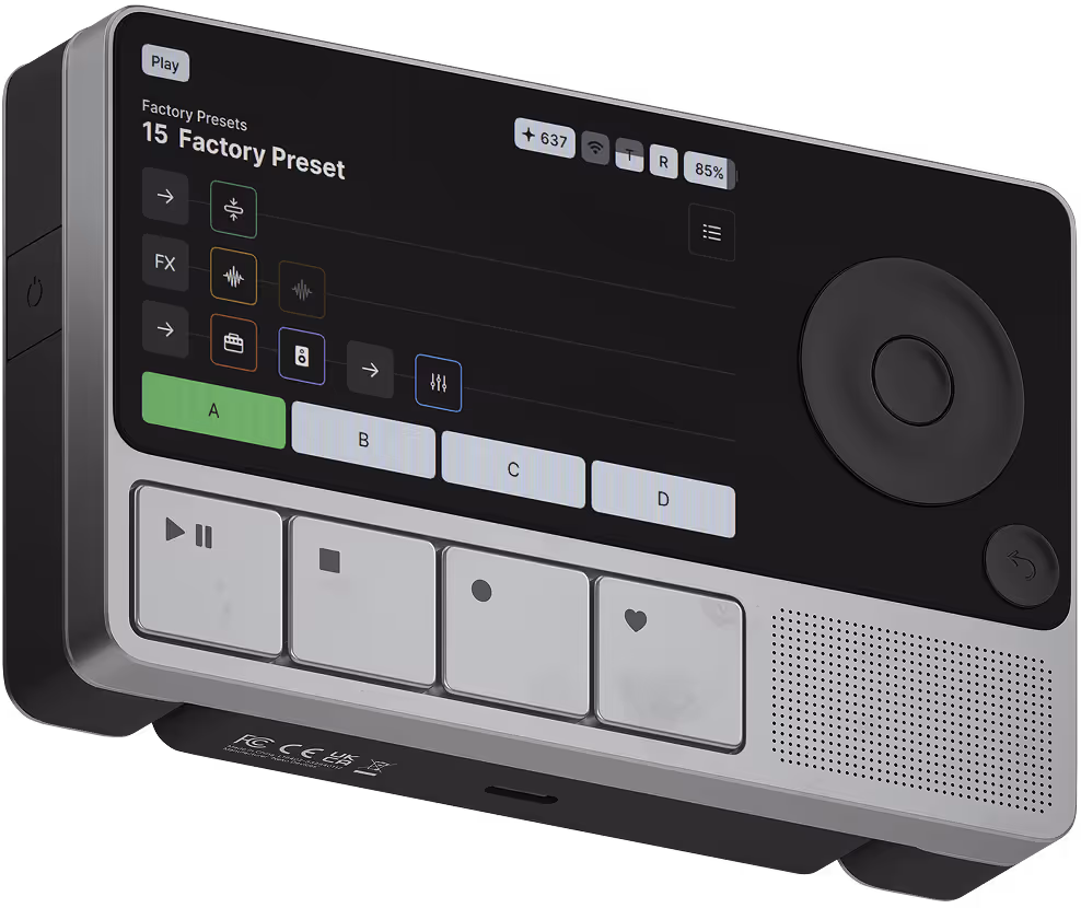 NEKO-01 — Portable AI Instrument for Guitarists, Angled View