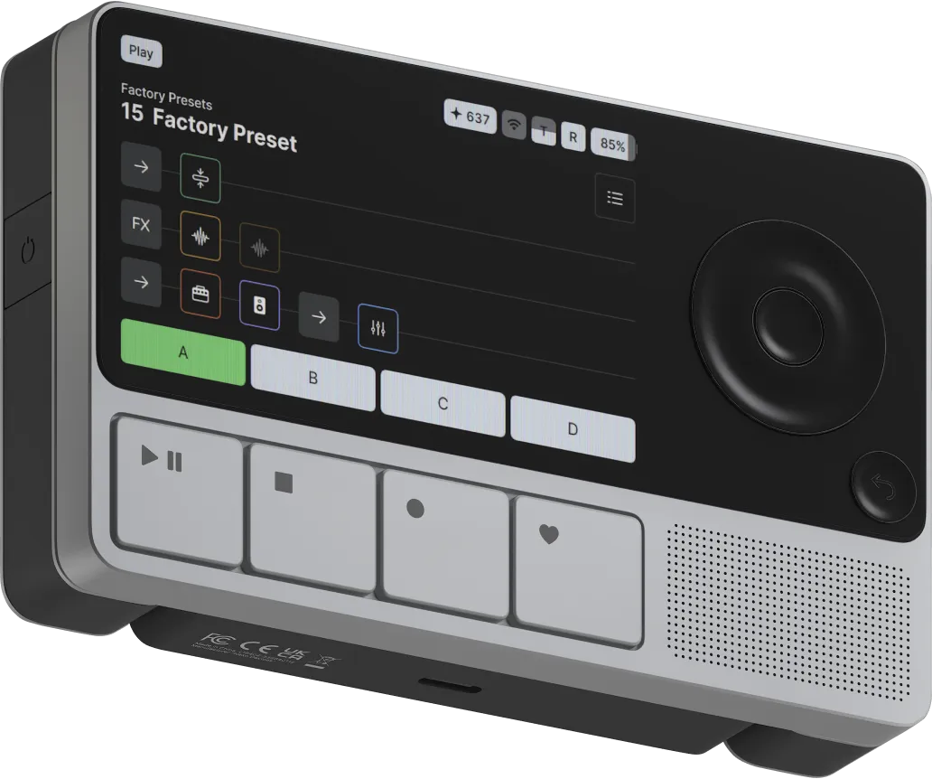 NEKO-01 — Portable AI Instrument for Guitarists, Angled View