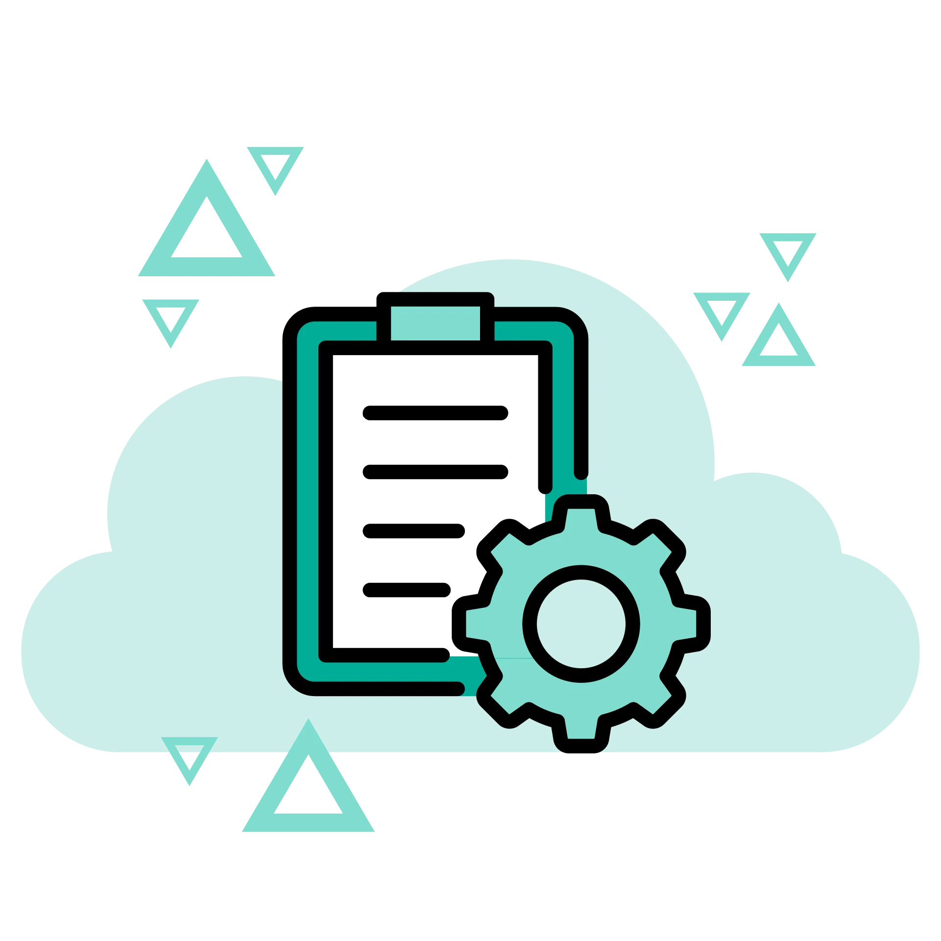 Clipboard with a list and a gear icon in front of a cloud symbolizing cloud-based task automation or scheduling.