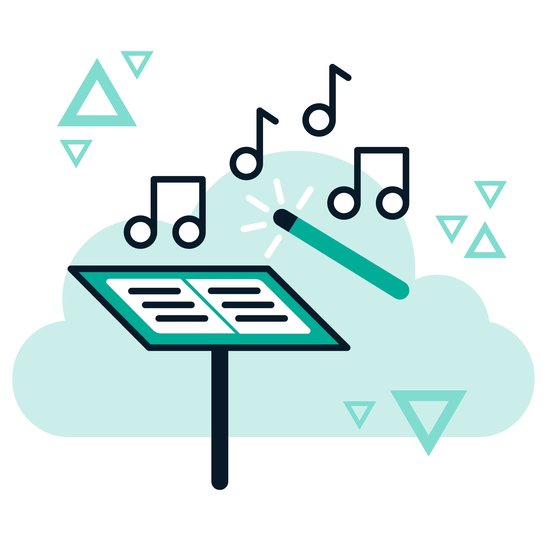 Music stand with sheet music and musical notes above a stylized cloud with decorative triangles.