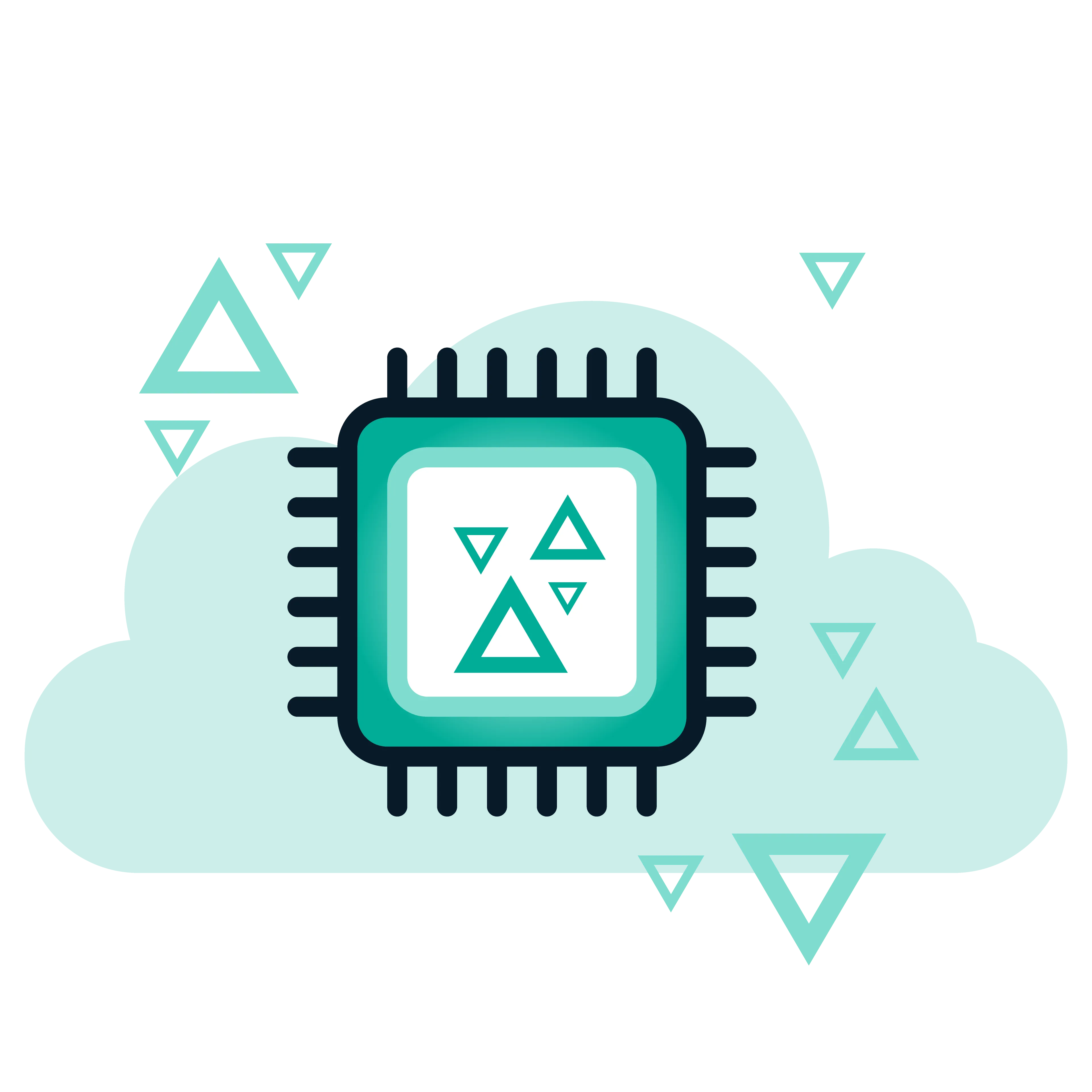 Graphic of a microchip overlaid on a teal cloud with scattered teal geometric triangle shapes.