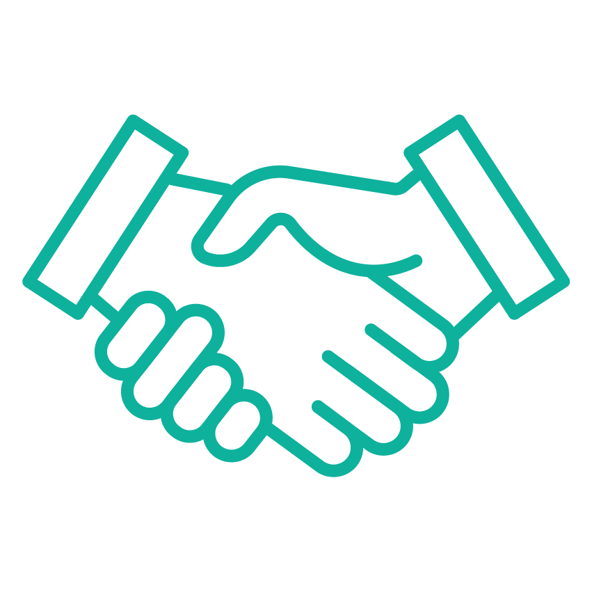 Outline icon of two hands shaking symbolizing partnership or agreement.