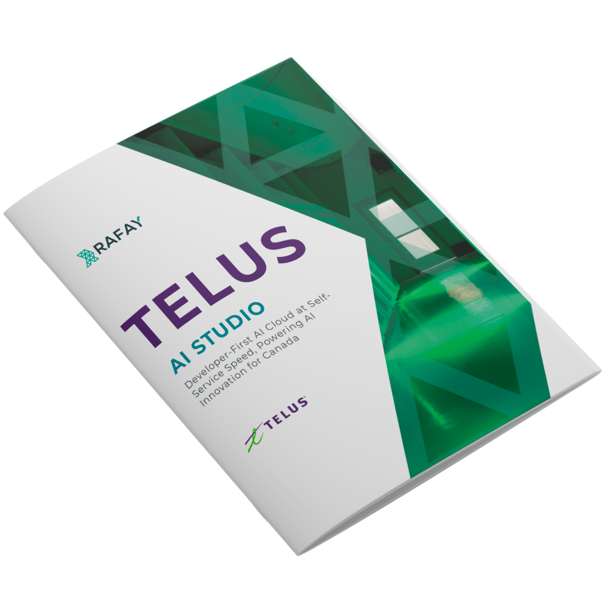 Cover of a TELUS AI Studio case study brochure with Rafay logo and green geometric design.