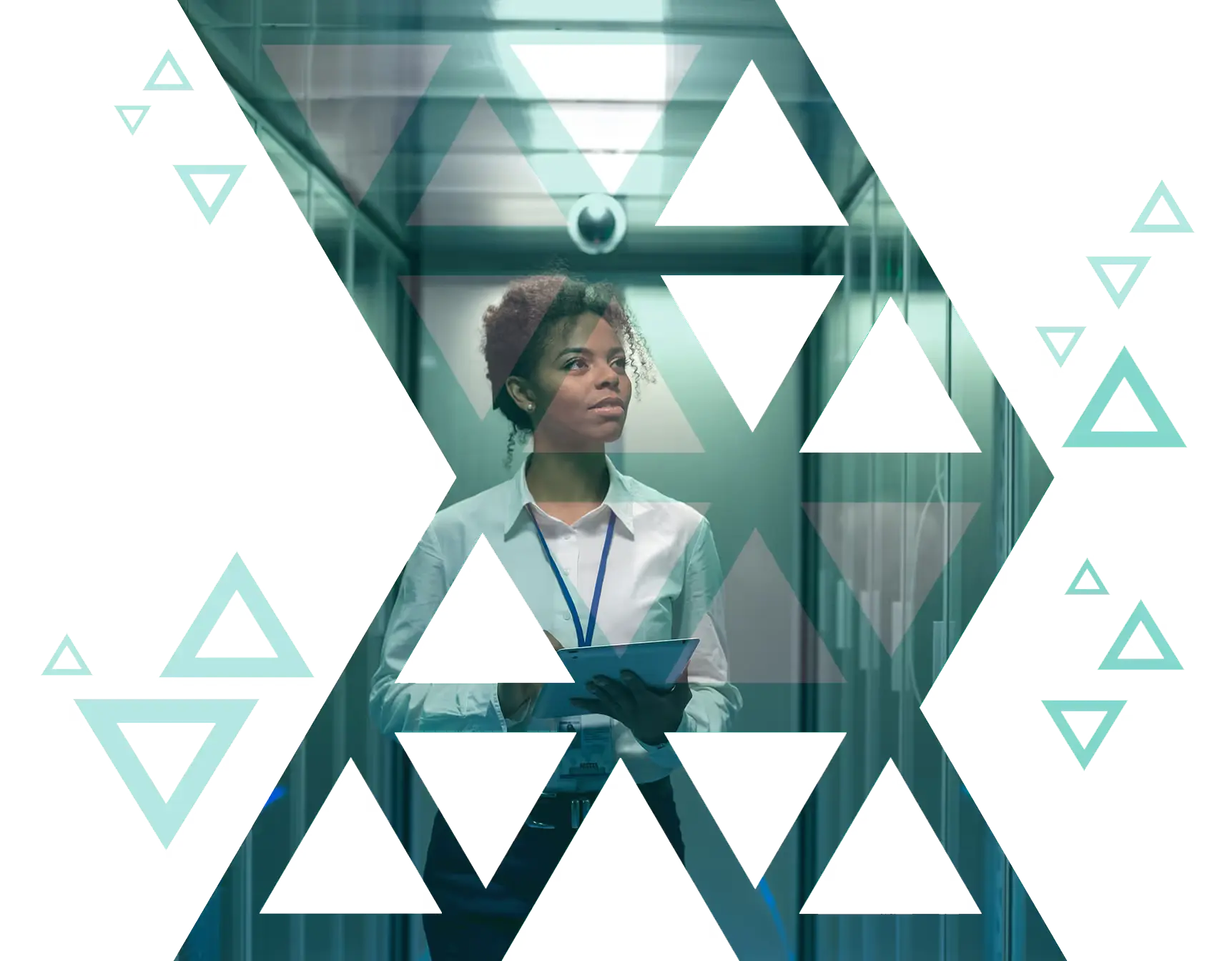 Woman with a badge holding a tablet, standing in a hallway with a security camera above, overlaid with translucent triangle shapes.