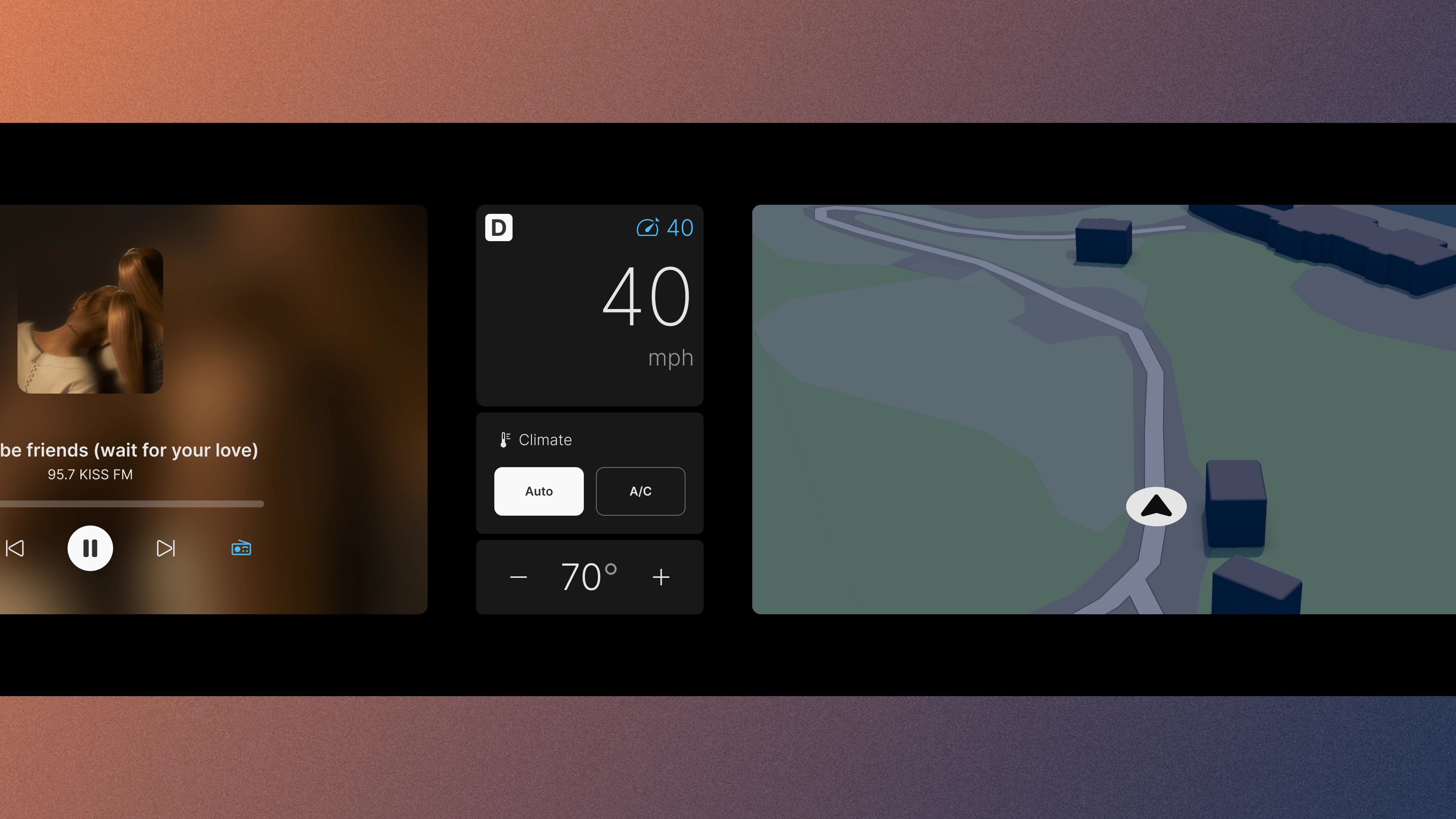 An image of a user interface on the BlackCanvas curved display. The interface displays a media player, speed gauge, climate control, and navigation