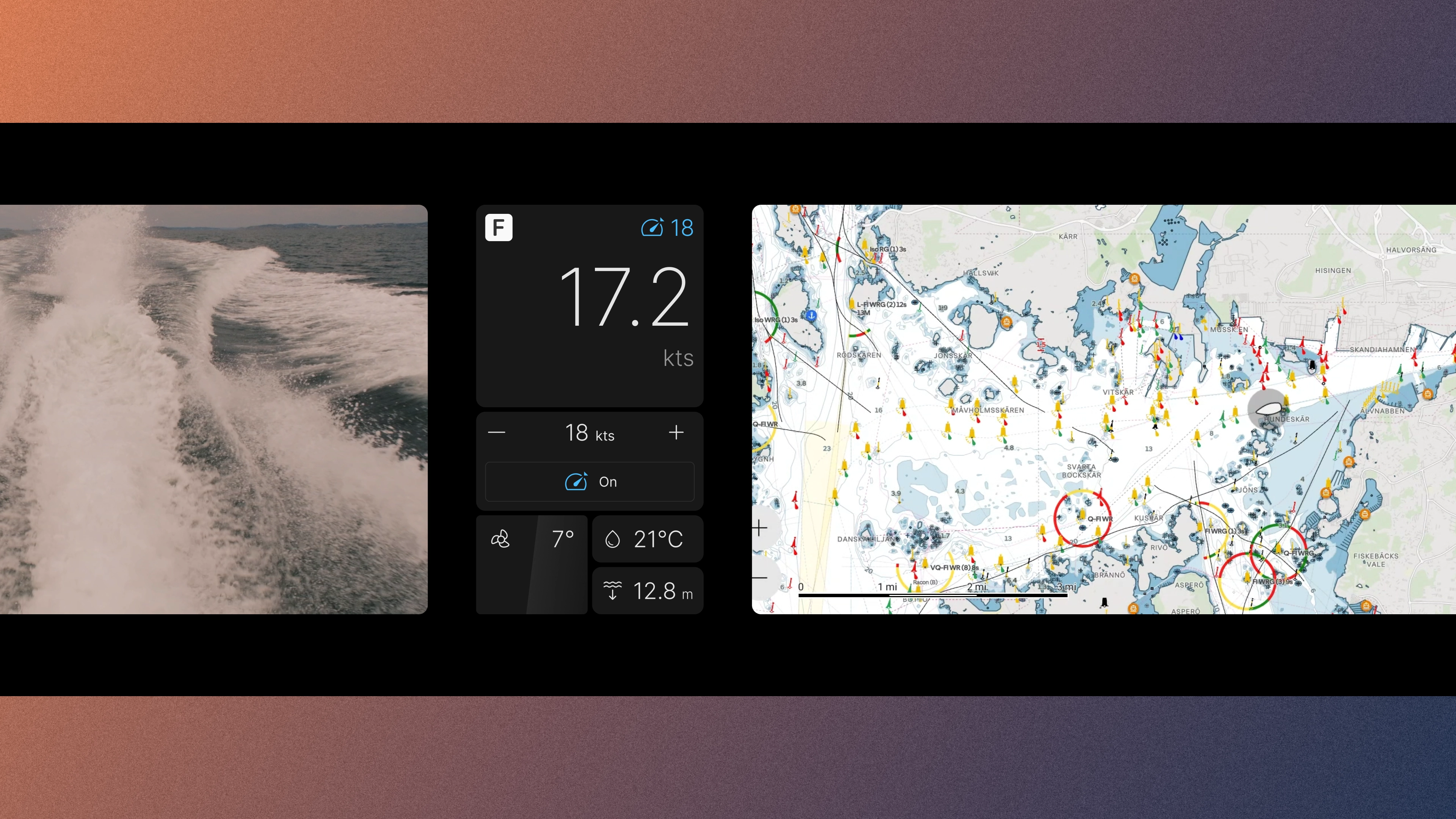 An image of a user interface on the BlackCanvas curved display. The interface displays a camera view showing a wake, speed gauge, vehicle settings, and navigation