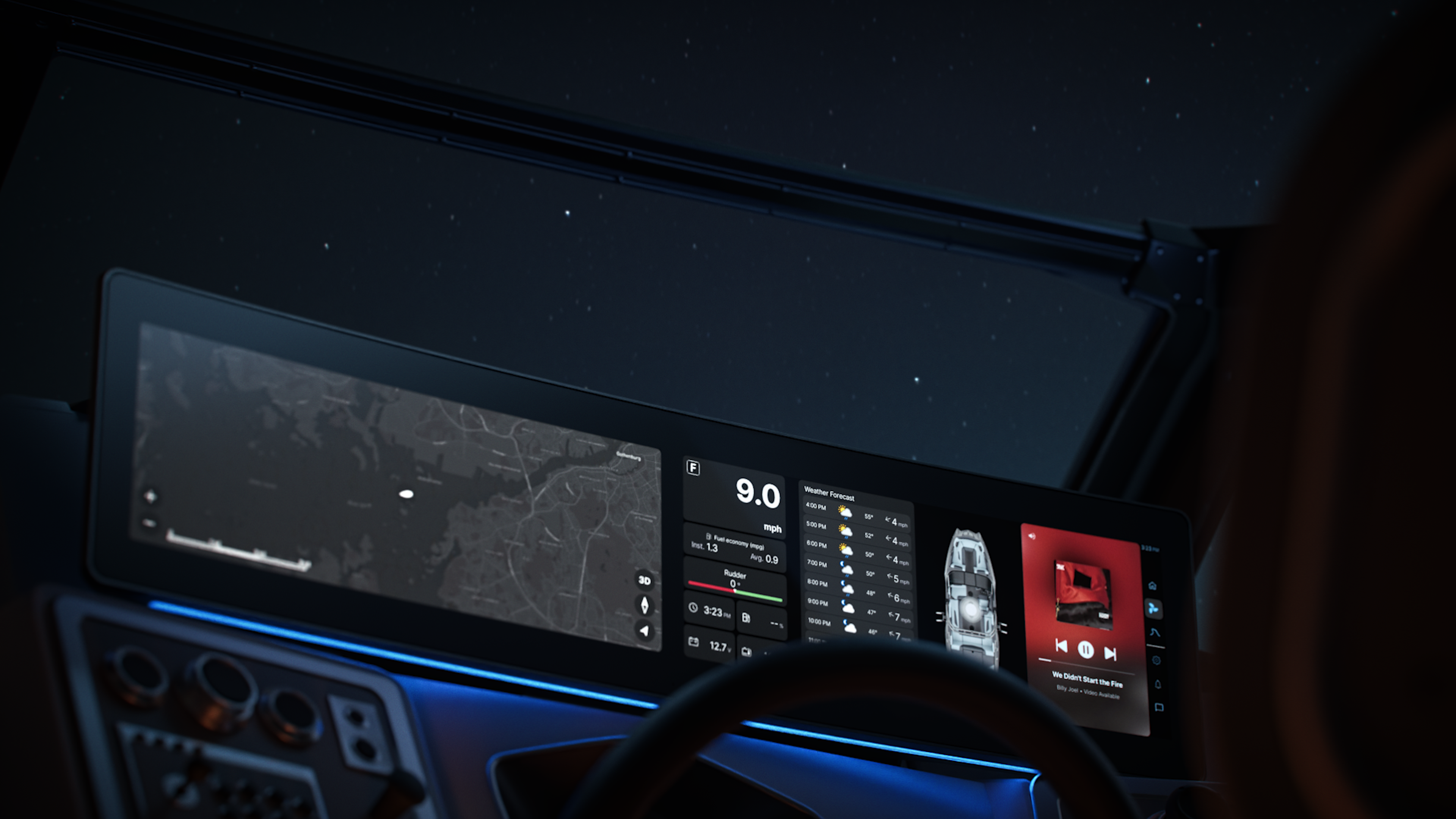A night time rendering of the Black Canvas display, showcasing a led strip for ambient light. On the display is a navigation system and entertainment options.