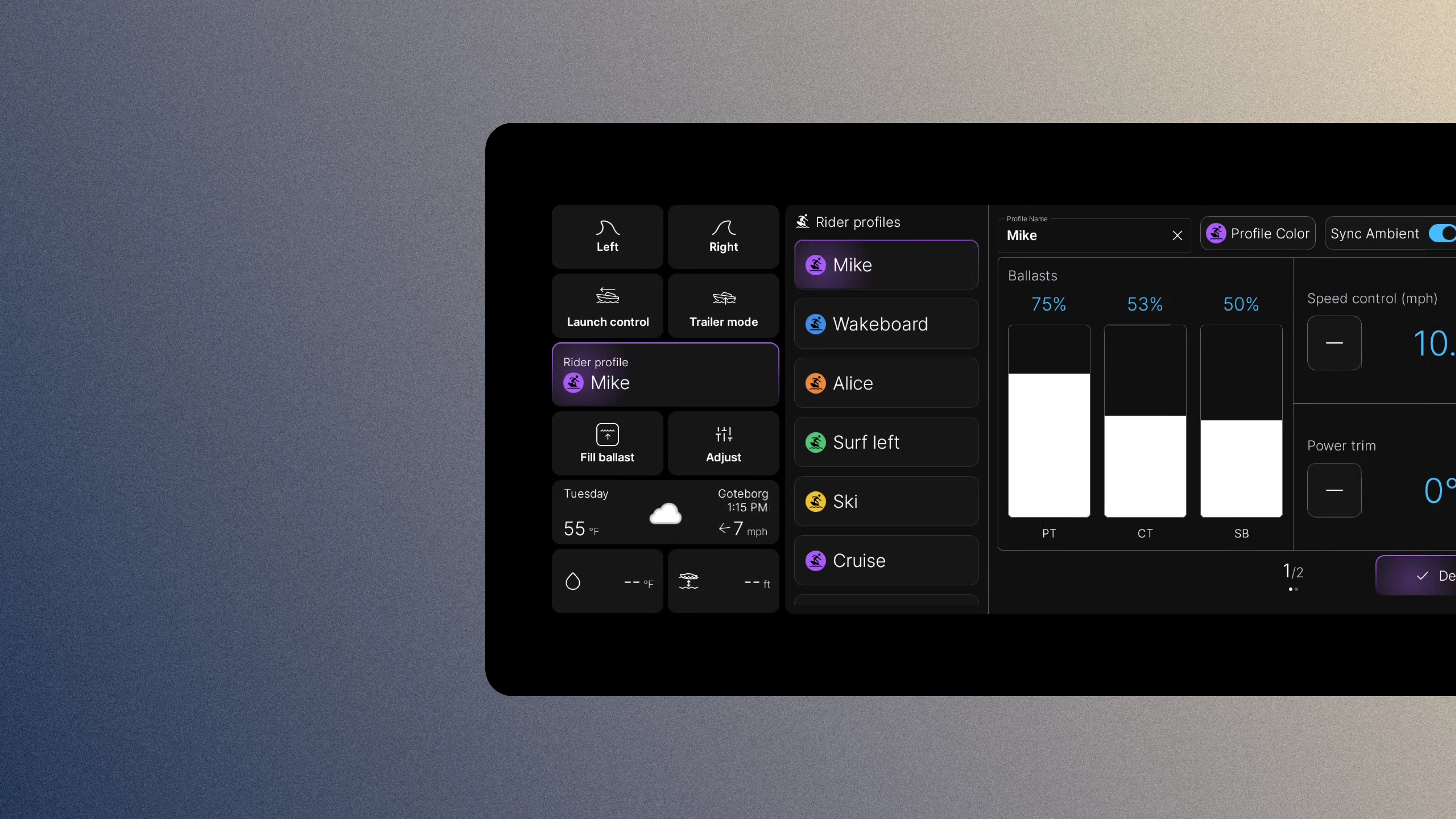 A user interface on the BlackCanvas display, showcasing user profiles for wakesurfing.