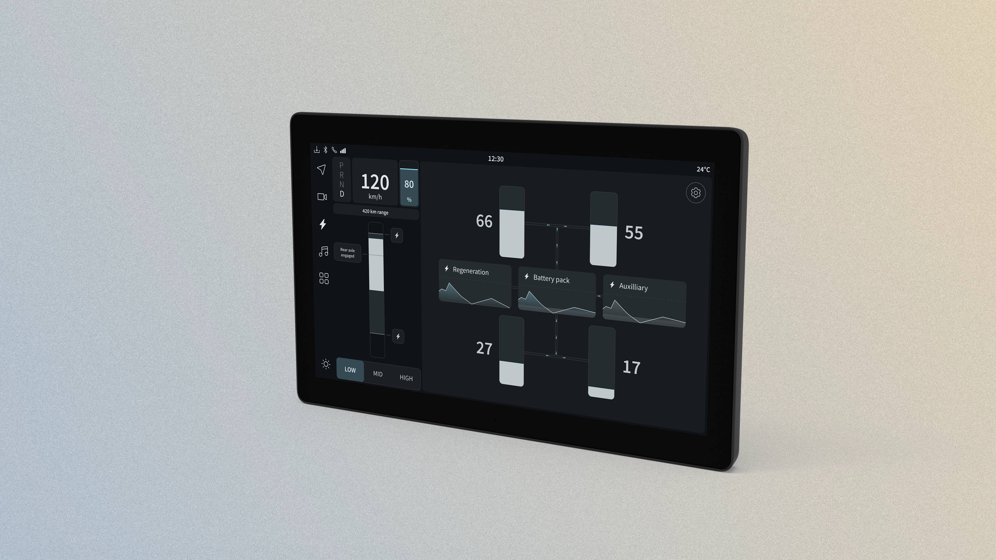 The 12 inch Edge display. The interface is showing energy flows in a vehicle, along with driveline information.