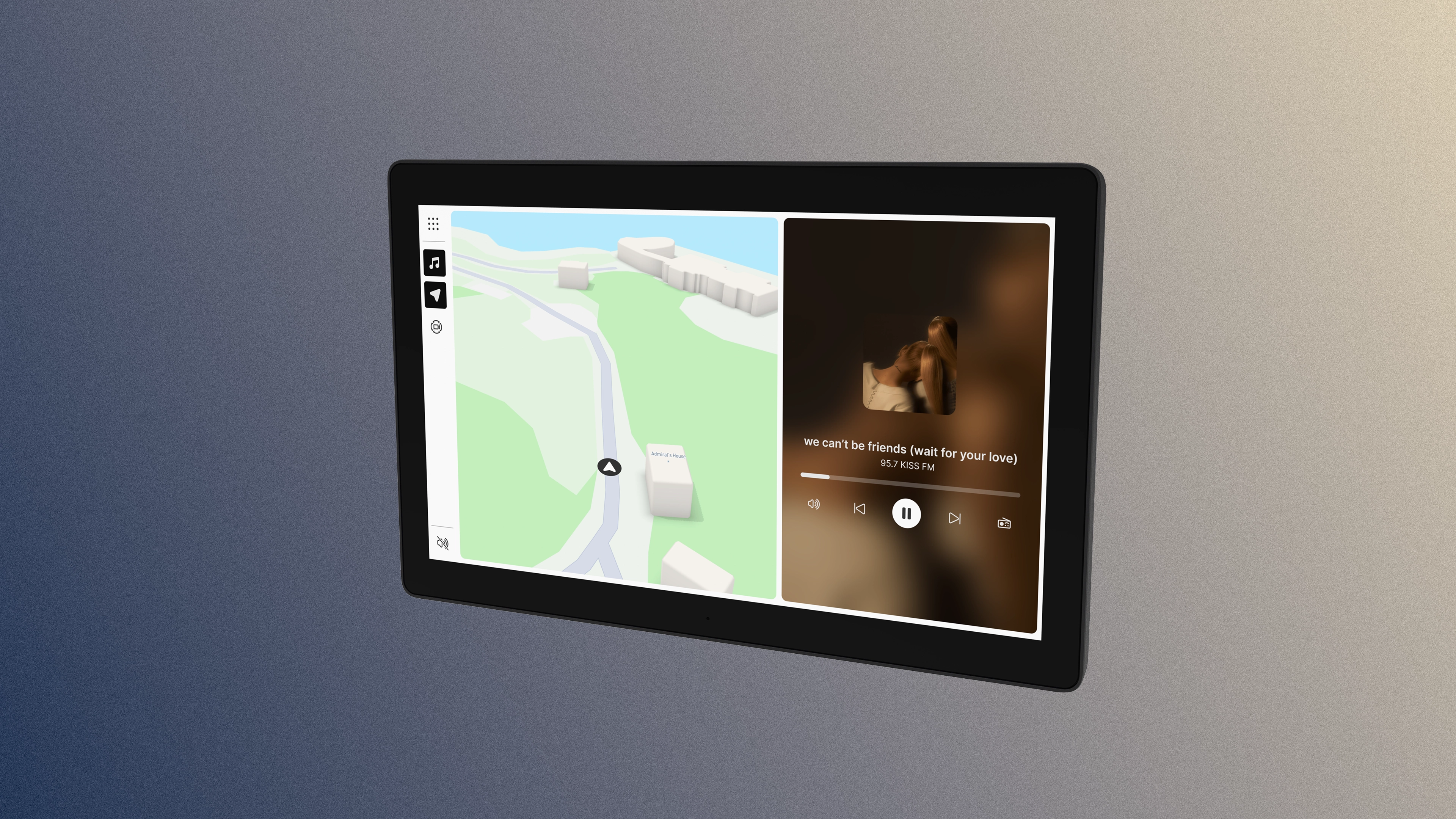The 12 inch Edge display. The interface is displaying navigation and a media player.