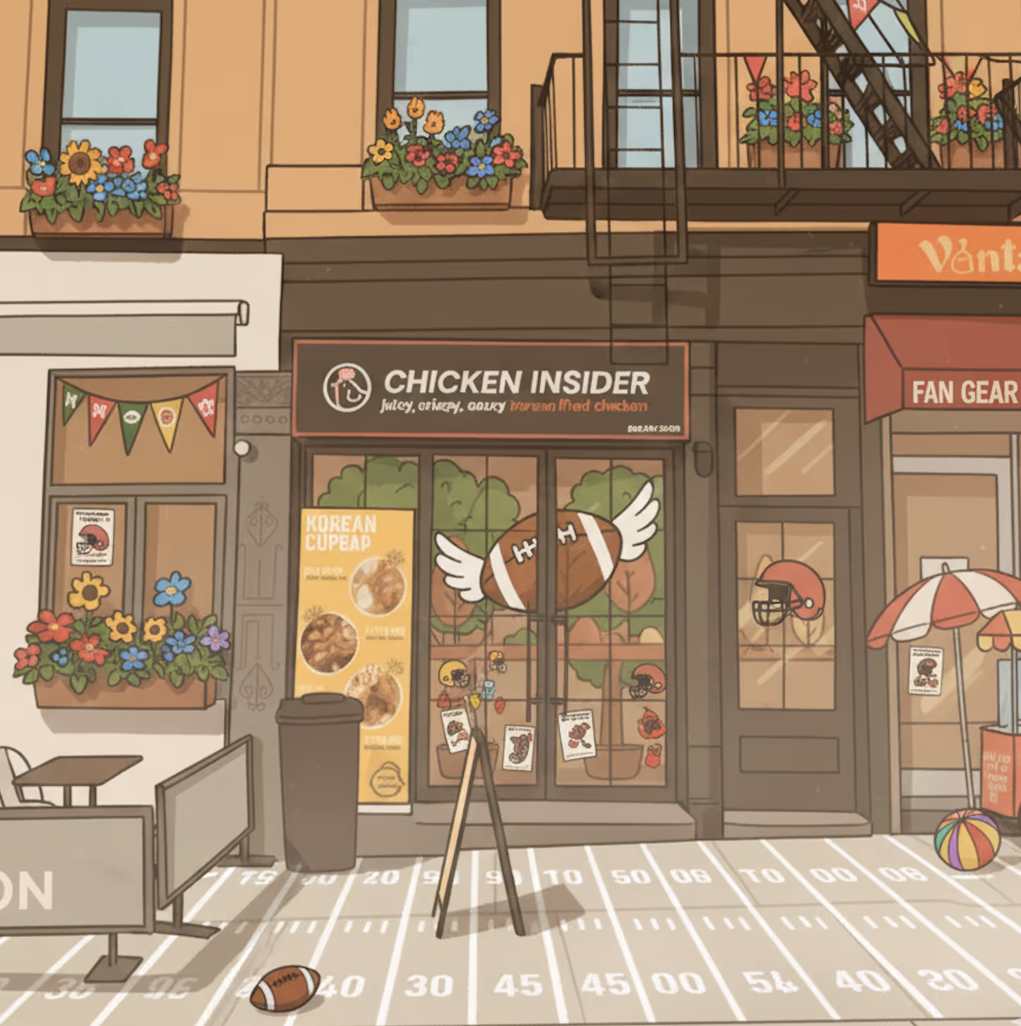 A cartoon depiction of Chicken Insider's storefront. This image is football-themed. The sidewalk has sidelines and end lines.
