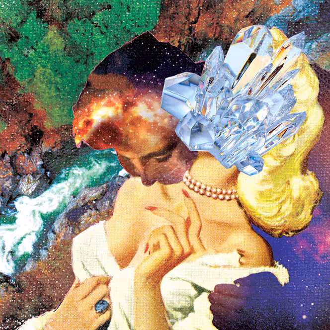 Surreal artwork of a woman with blonde hair adorned with large crystals and a pearl necklace, her face partially replaced by a cosmic galaxy scene, set against a colorful nebula background.