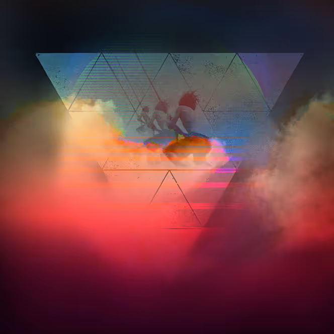 Surfers riding waves inside a semi-transparent triangular geometric overlay with vibrant red, orange, and blue fog effects surrounding the scene.