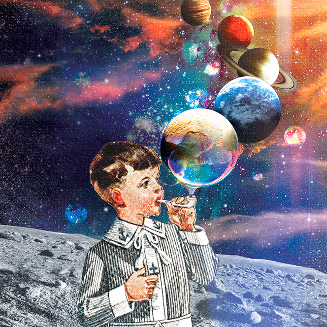 A boy blowing a bubble that contains planets, standing on a rocky surface with a colorful starry galaxy background.