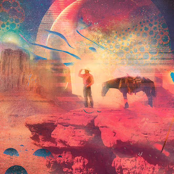 A cowboy with a horse standing on reddish rocks under a large colorful sun or planet with a dreamy, abstract desert background.