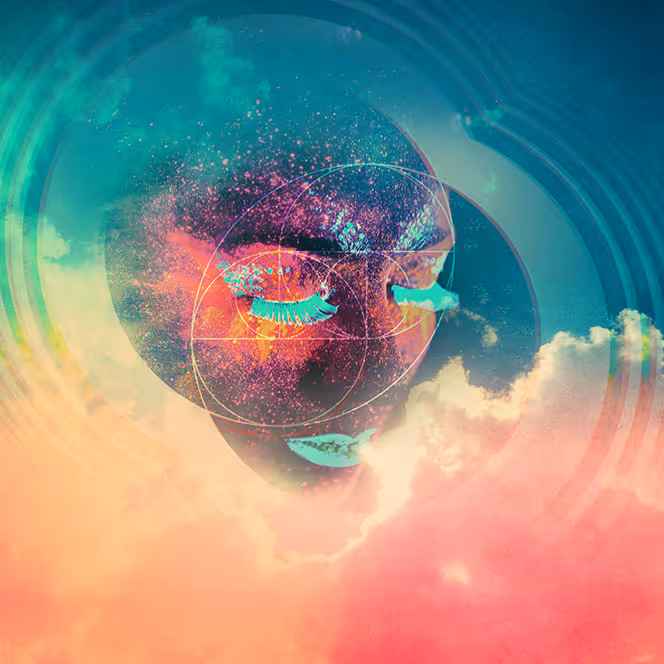 Abstract digital art of a serene face with closed eyes surrounded by colorful clouds and geometric spirals.