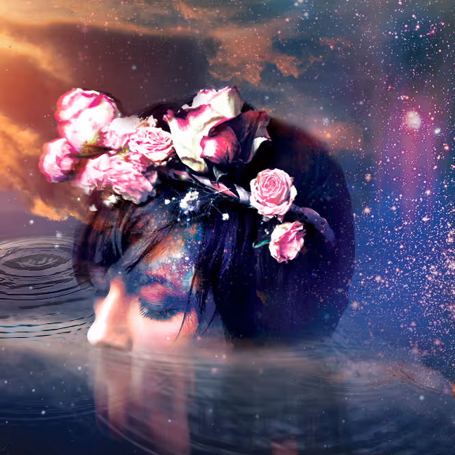 Surreal image of a woman's face partially submerged in water, with a crown of pink roses on her head and a cosmic, starry background.