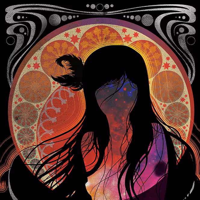 Silhouette of a woman with flowing hair against an ornate circular background with stars and floral patterns in warm colors.