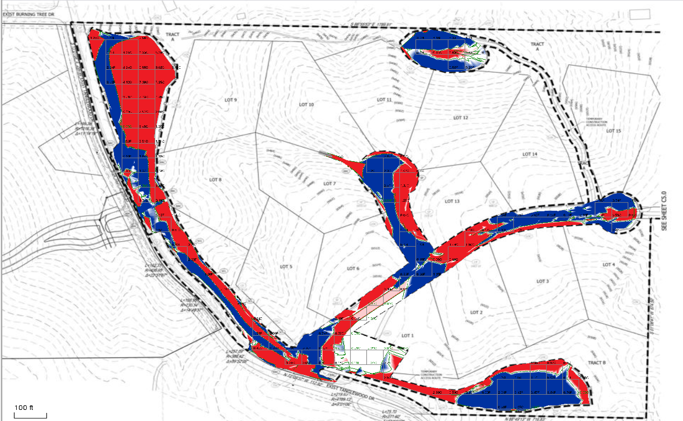 Topographic site plan with labeled lots, contour lines, and highlighted red and blue areas indicating specific zones along roadways and land plots.