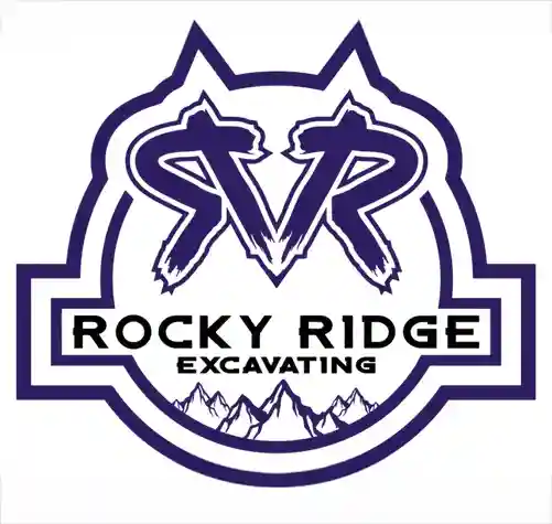 Logo featuring stylized initials 'SR' above the text Rocky Ridge Excavating with mountain outlines below.