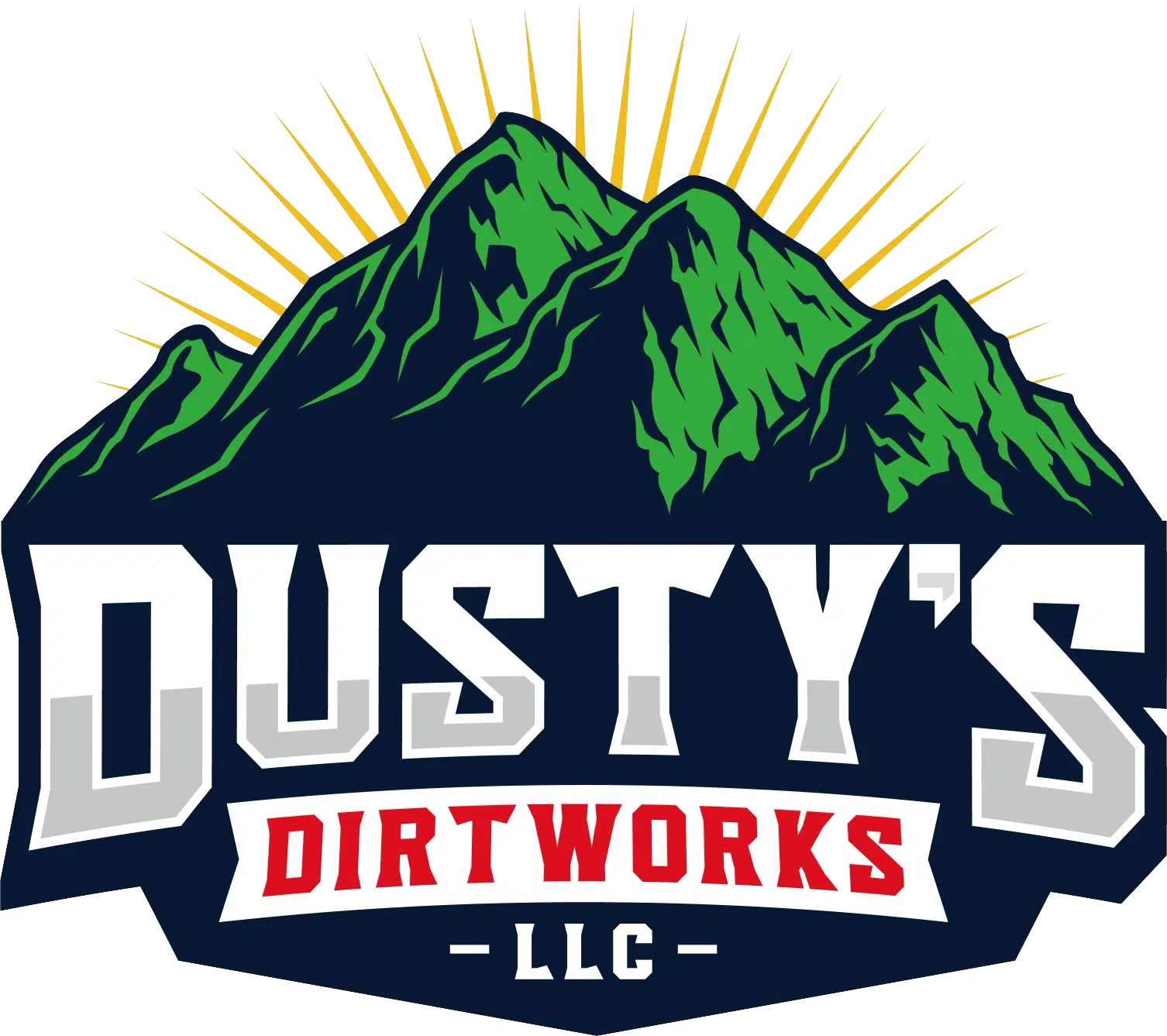 Logo with green mountains and sun rays above the bold text 'Dusty's Dirtworks LLC'.