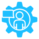 Blue gear icon with a person symbol inside and a rectangular shape on the left side.