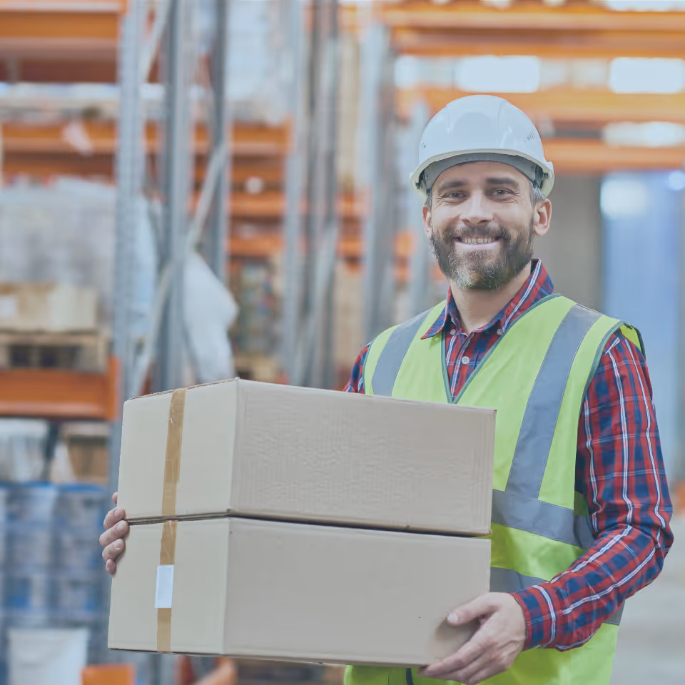 Smiling warehouse worker wearing a white hard hat and yellow safety vest holding two stacked cardboard boxes.