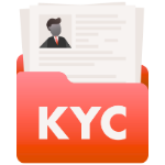 Red folder labeled KYC containing documents with a profile photo and text lines.