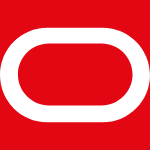 Oracle corporate logo with a white oval shape on a red background.