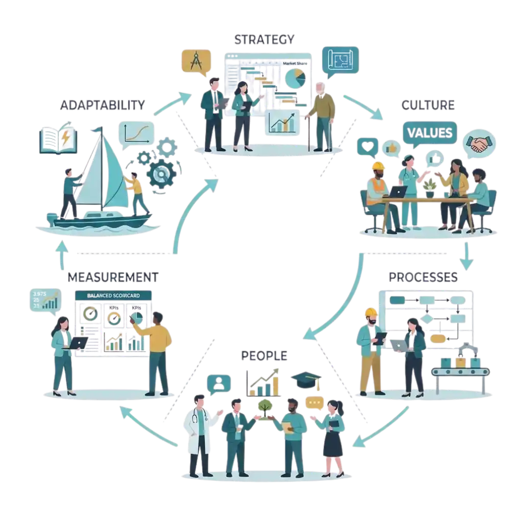 Infographic showing the six core dimensions of organisational effectiveness arranged in a circular flow around a central figure labeled “People.” Each segment is illustrated: Strategy (charts and planning), Culture (team meeting and values), Processes (flowchart and production line), People (central professionals and growth icons), Measurement (balanced scorecard, KPIs, and charts), and Adaptability (sailboat and gears). Light blue/teal color scheme, cartoon-style business illustrations. Ideal for pages about organisational effectiveness, performance frameworks, or business improvement