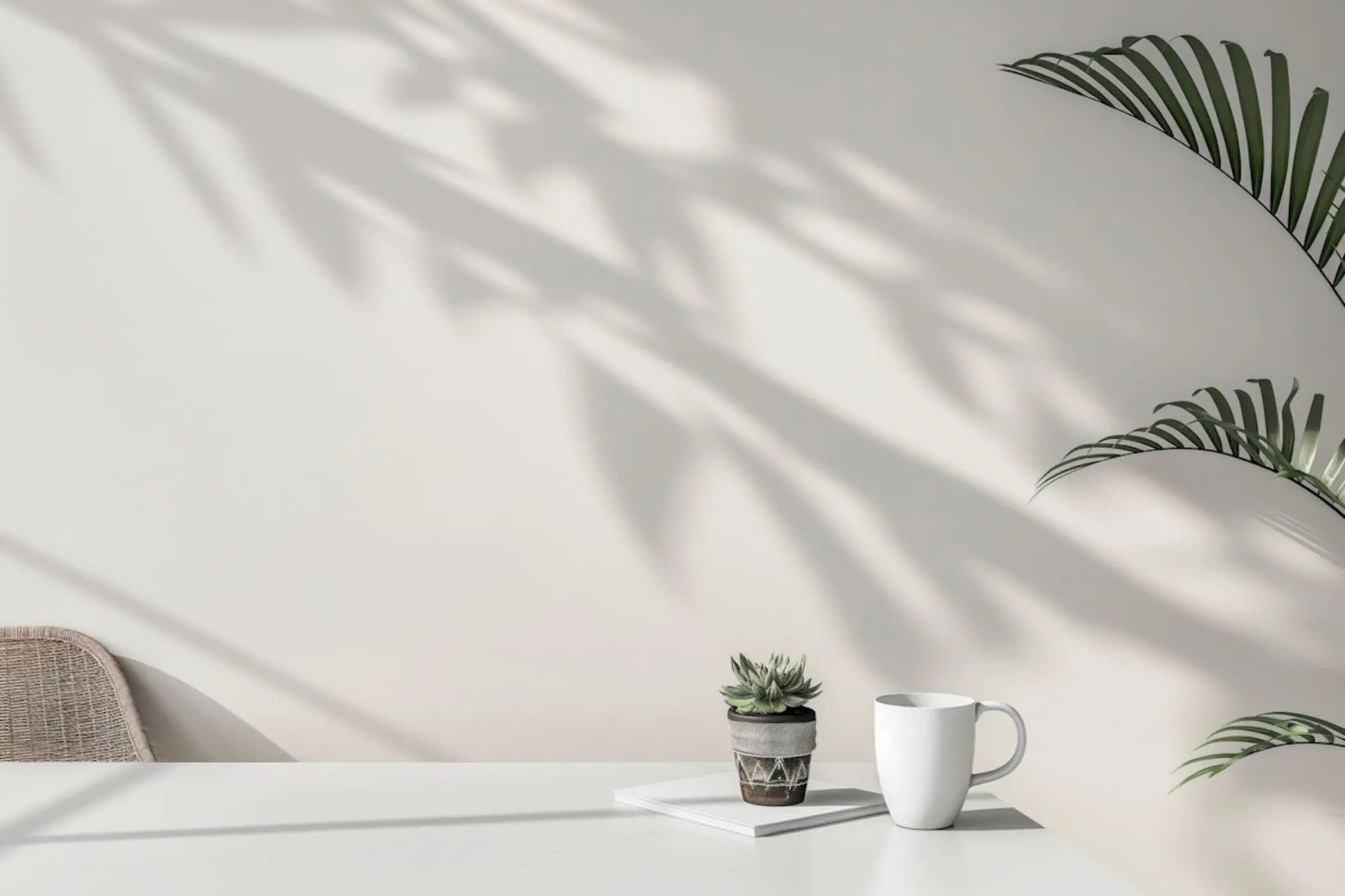 Une table blanche avec un petit pot de plante succulente, une tasse blanche et une plante verte à droite contre un mur clair avec des ombres de feuilles.