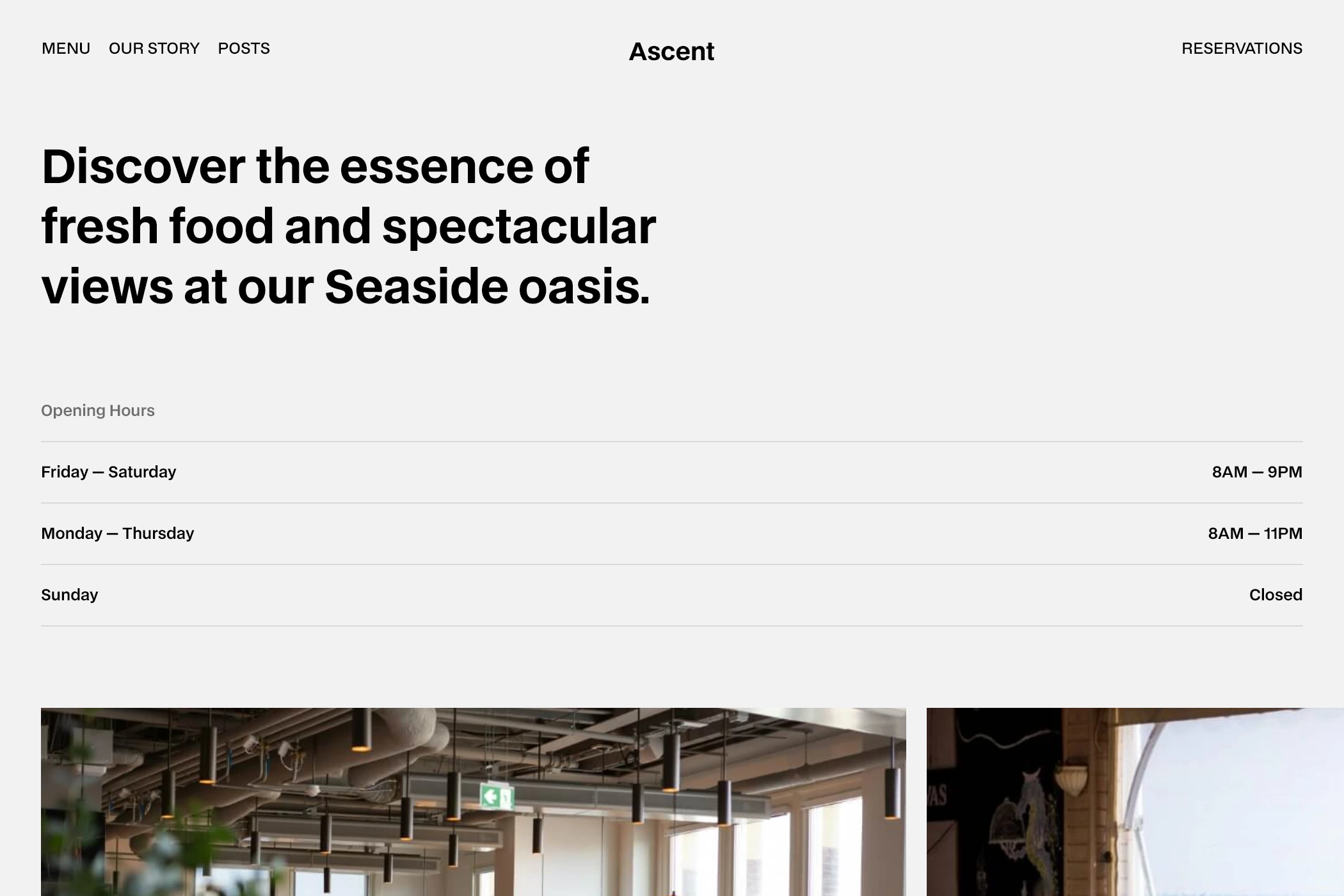 Page d'accueil du site Ascent avec horaires d'ouverture et menu, texte invitant à découvrir la nourriture fraîche et la vue spectaculaire au bord de la mer.