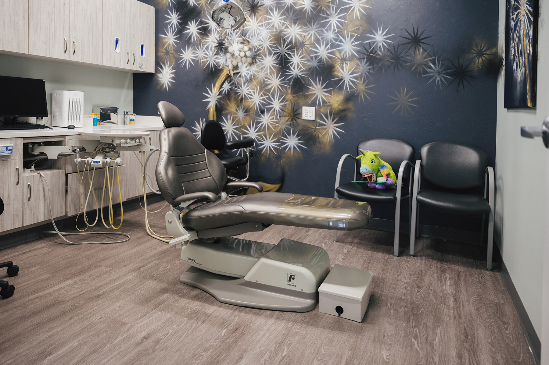 Dental office with a gray dental chair, a mural of a dandelion on the dark wall, and two black chairs, one holding a colorful stuffed dinosaur toy.