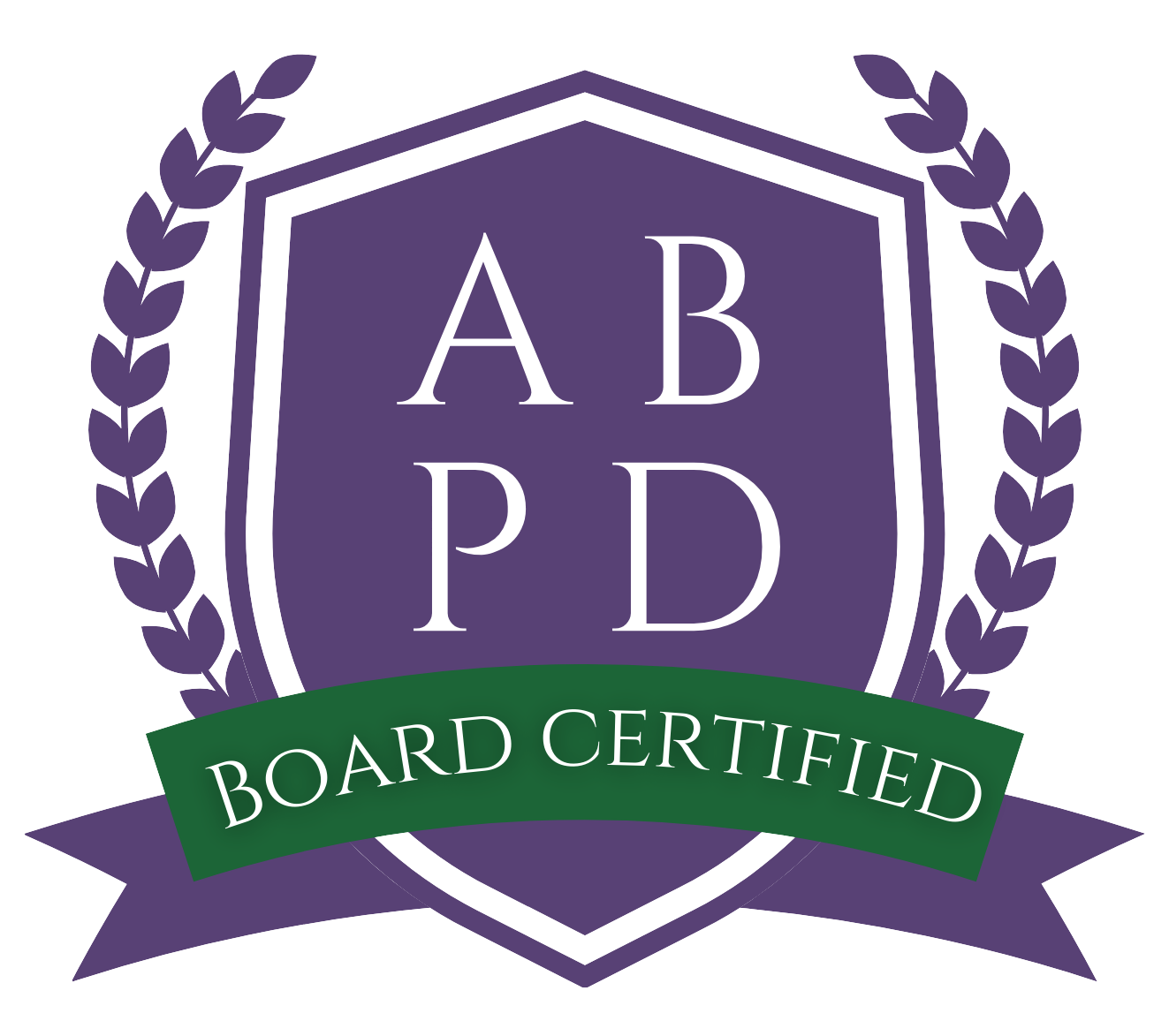 Purple shield with white letters ABPD and a green banner reading Board Certified, flanked by purple laurel branches.